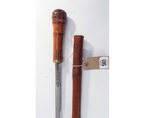 Brass mounted carved bamboo sword stick - overall length 85 cm, concealing a blade of 35.5 cm in length