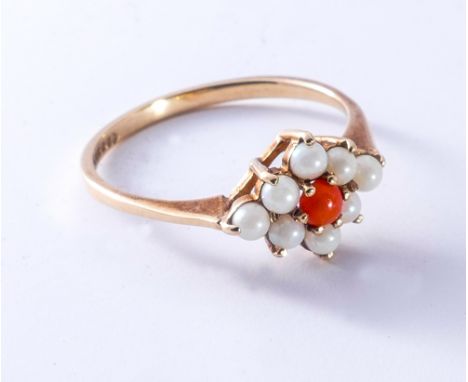 9ct gold split pearl and coral cluster ring, Ring size P