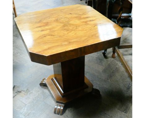 Art deco style figured walnut coffee table on pillar base 