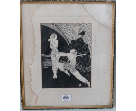 20th century pen and ink drawing after Aubrey Beardsley of exotic dancers with monogram AB dated 1940 - image size 8.5 x 6.5"