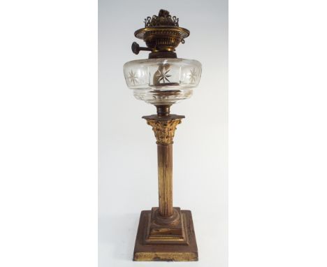 Victorian brass Corinthian column oil lamp with glass bowl - 21" high 