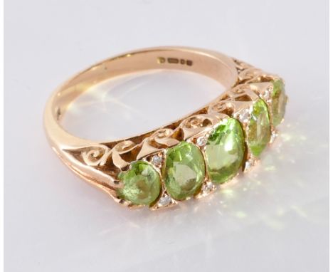 Victorian style peridot and diamond half hoop ring, in 18ct yellow gold carved setting, ring size P