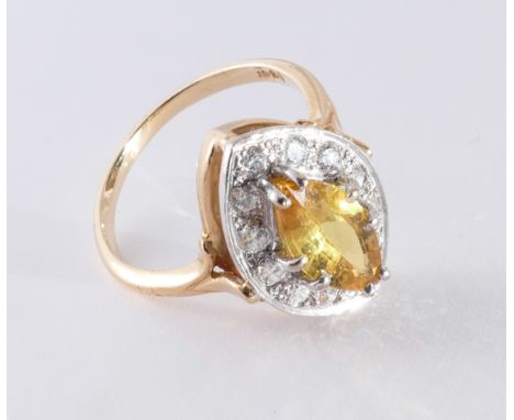 Marquise yellow sapphire and diamond cluster ring, set on 18ct yellow gold shank, Ring Size O