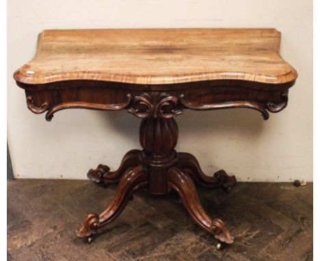 3' early Victorian rosewood shaped top folding card table on pillar and quadruple base 