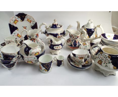 Large quantity of Gaudy Welsh Victorian tea china to include 2 teapots, pair of jugs, moustache cup & saucer, tea plates, cup