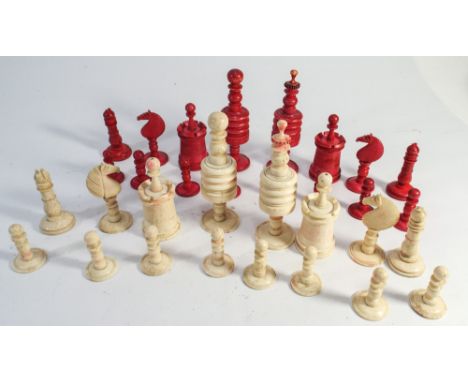 19th century stained bone carved chess set - measures 10cm tall