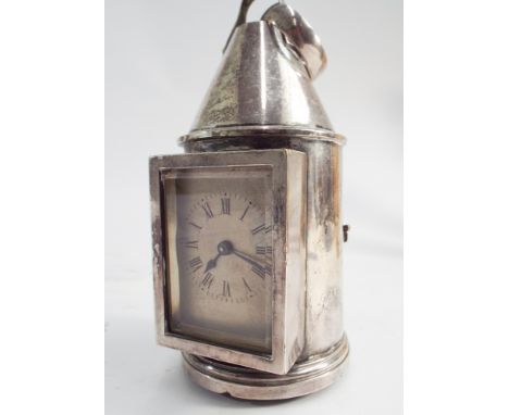 Victorian silver plated lantern novelty clock, 15cm tall 