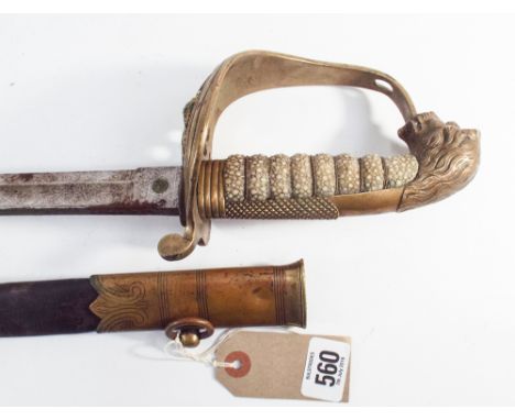 George IV Royal Naval Reserve officers sword, slightly curved blade - measures 31" or 79 cm. Lions head pommel, gilt wire bou