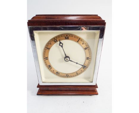 Small Art Deco mantel clock in mahogany case with cream and circular brass dial - 6" high 