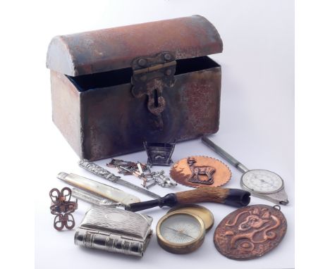 Pizzala, Hatton Garden -  miniature brass cased hand held compass, pen knives, miniature roe deer foot style pipe and other c