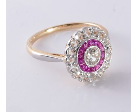 Art Deco ruby and diamond oval cluster ring, on unmarked gold shank, tests as 18ct, ring size  M