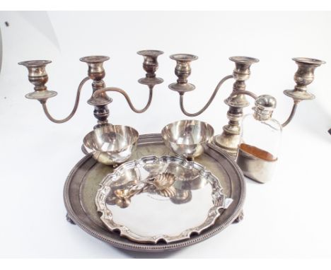 Pair of 3 branch plated candelabra, plated tray, hip flask, caddy spoon etc. 