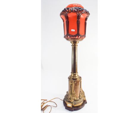 Victorian brass table lamp by H Meyer and Company Patent, Piccadilly with ornate moulded glass shade.