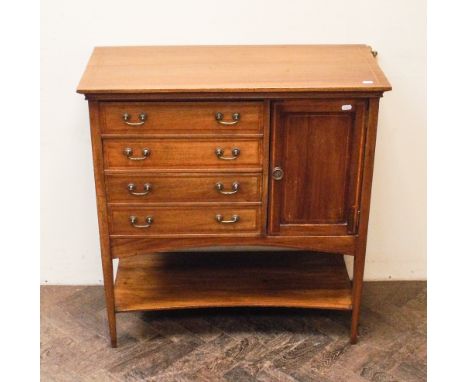 31.5" Edwardian inlaid mahogany music cabinet fitted 4 drawers and cupboards with under shelf 