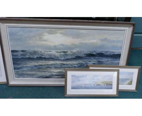 Large modern seascape, country farm scene and two framed prints of local scenes, by Robin Davidson 