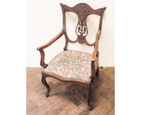 Edwardian inlaid mahogany elbow chair with carved panel back standing on cabriole legs with tapestry upholstered seats 