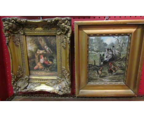 A naive oil on board of chickens and donkeys, together with an oleograph of chickens, both gilt framed