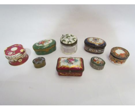 A Crown Derby Imari pill box, a Chinese enamel pill box, etc