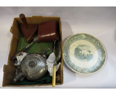 A box of mixed plated wares to include boxed fish set, teapot, snooker table brush, Copeland Spode dish etc  