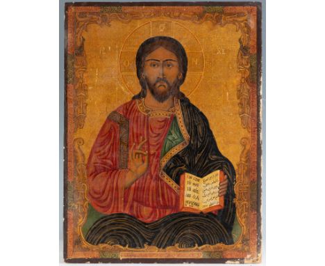 19th century Greek icon."Christ Pantocrator".Painting on canvas/wood.In need of restoration. Wear and tear due to use and the