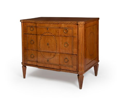 Dutch Louis XVI commode, ca. 1780.Fruitwood.With key.With marks of use.Measurements: 82 x 92 x 53,5 cm.Dutch chest of drawers