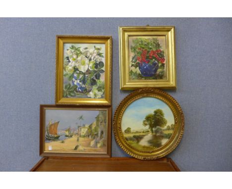 Three assorted oil paintings and a print 