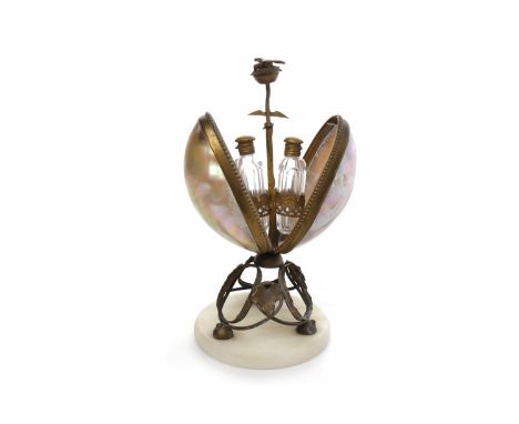 LATE 19TH CENTURY MOTHER-OF-PEARL STANDING ETUIof egg form, opening to reveal tooled mount holding two glass scent bottles, m