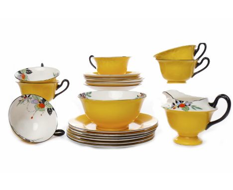 SHELLEY CHINA TEA SETincluding six tea cups, six saucers, six plates, sugar and cream, pattern number 11441/32, yellow ground