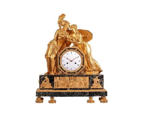 A large French Empire gilt bronze and marble mantel clock, the enamelled dial signed 'Rocquet à Paria' for Jacques-Claude-Mar