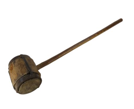 An unusual vintage hardwood post maul or sledge hammer - the head with iron binding, 100cm long.