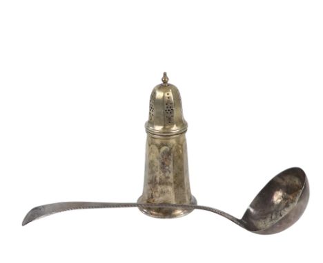A silver ladle - London 1779, Old English pattern with a engraved ownership crest, 129g, together with a silver plated castor