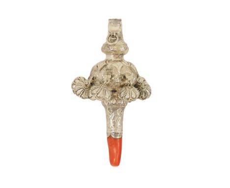A Victorian baby's rattle - Birmingham 1858, foliate decorated with a coral teether, 11cm long.