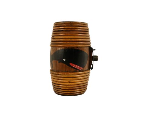 Steve CAMPS (Cornish contemporary b. 1957) Bernard Over a Barrel Oil on a coopered flask Signed to one end 21 x 14cm
