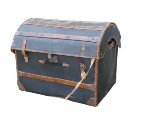 An early 20th century motoring trunk - the domed lid with laths and tan leather reinforced corners, the interior fitted with 