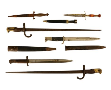 Two 1874 pattern French bayonets - without scabbards, 64cm long, together with a WWII German bayonet, another and two knives.