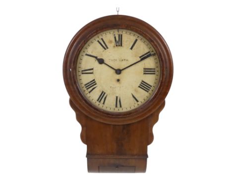 A mid 19th century walnut cased drop-dial wall clock by Thomas Cath - fitted with a fusee movement, the white painted dial se