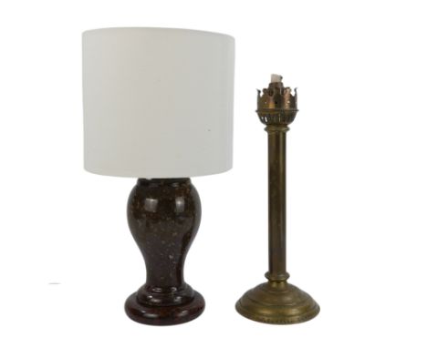 A 20th century turned serpentine table lamp - of baluster form and with circular base, 22cm high, together with a brass chape