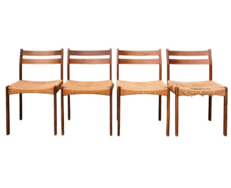A set of four vintage teak dining chairs - in a Scandinavian style, with rail back and seagrass seats.