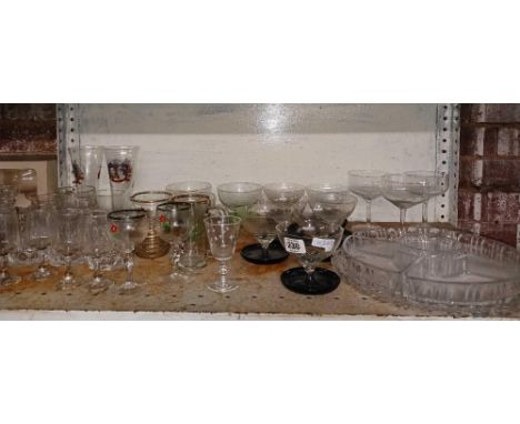 SHELF OF MISC GLASSWARE INCL; A NIBBLES DISH 