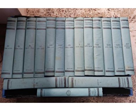 CARTON OF BOOKS INCL; A FULL SET OF 15 CHAMBERS ENCYCLOPEDIA NEW EDITION 1950 PLUS WORLD SURVEY