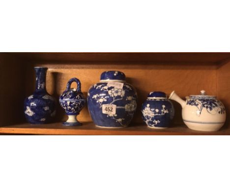 SHELF OF BLUE &amp; WHITE GINGER JARS &amp; LIDS ETC