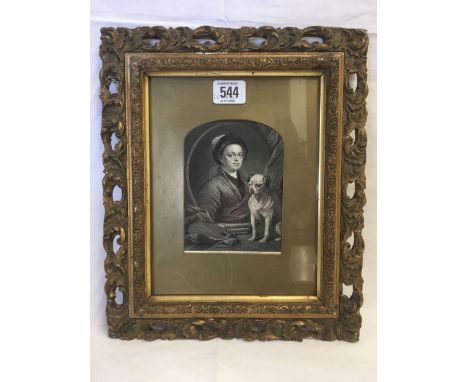 ANTIQUE ENGRAVING SELF PORTRAIT OF THE ARTIST HOGARTH AND HIS PET DOG IN DECORATIVE GILT FRAME, 12" X 10”