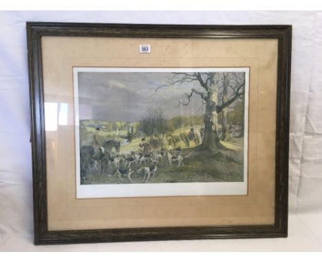 LIONEL EDWARDS RI, RCA. A PENCIL SIGNED COLOUR PRINT OF A HUNT MEETING, ALSO SIGNED ON THE PRINT AND DATED 1927. 25" X 30”