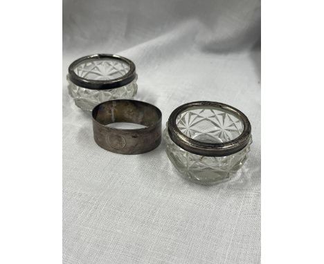 2 CUT GLASS &amp; SILVER RIM SALTS &amp; SILVER NAPKIN RING