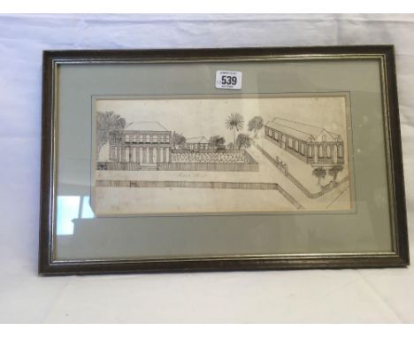 19THC ARCHITECTURAL DRAWING IN PEN &amp; INK OF BUILDINGS IN A COLONIAL LOCATION POSSIBLY INDIA OR CEYLON, 10" X 17”