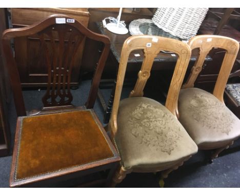 PAIR OF LIGHT OAK DINING CHAIRS &amp; A DARK OAK DINING CHAIR