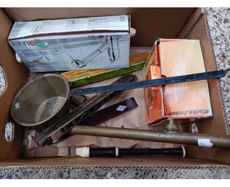 CARTON WITH BRASS LADLE, SURVEYORS MEASURE, BRASS ROSE SPRAYER &amp; A TAP UNIT