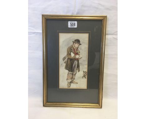 19THC PORTRAIT OF A FARM WORKER, WATERCOLOUR, 14" X 9”