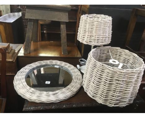 WHITE WICKER TABLE LAMP, MIRROR AND LAMP SHADE
