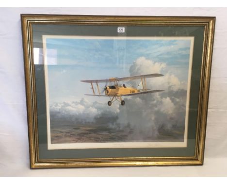 PENCIL SIGNED COLOUR PRINT ENTITLED SUNDAY MORNING. A DE HAVILLAND TIGER MOTH IN FLIGHT, SIGNED BY THE ARTIST GERARD COULSON,